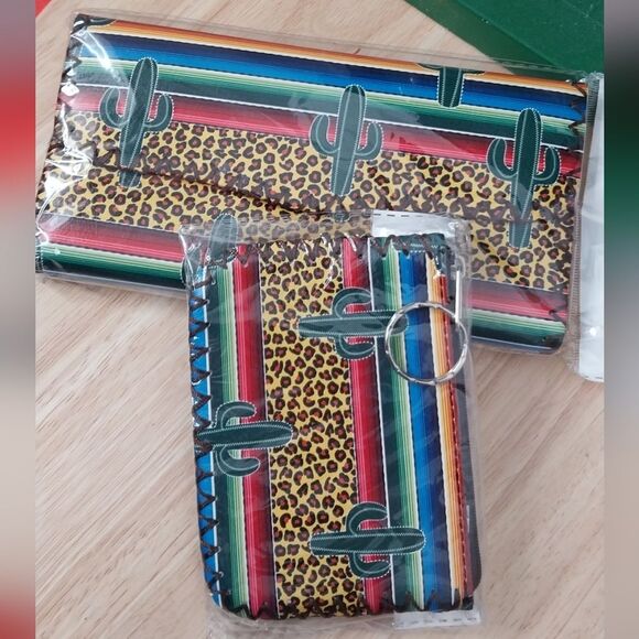 Cheetah Print Saguaro Cactus Wallet Set Cardholder ID Credit Card Coin Purse - Picture 7 of 12
